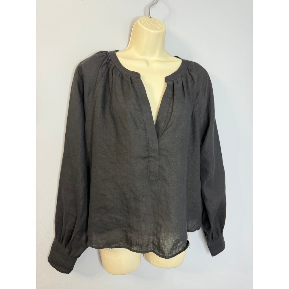 J. Crew Cabana Linen V Neck Blouse Black Long Sleeve Sz M Casual Wardrobe - Picture 9 of 13